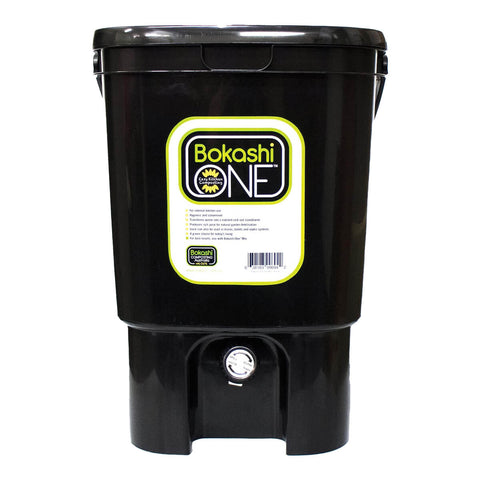 Black Bokashi One bucket composting system on a white background.