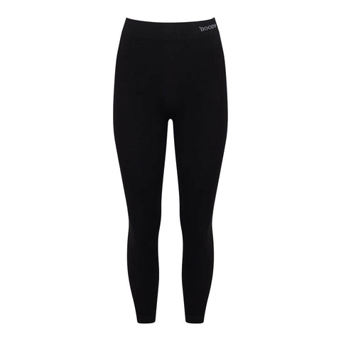Black full-length leggings with a small white 'boots' brand logo on the upper right hip, shown against a plain white background.