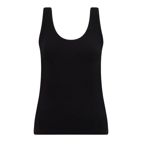 A solid black sleeveless tank top with a wide scoop neckline, displayed flat against a plain white background.