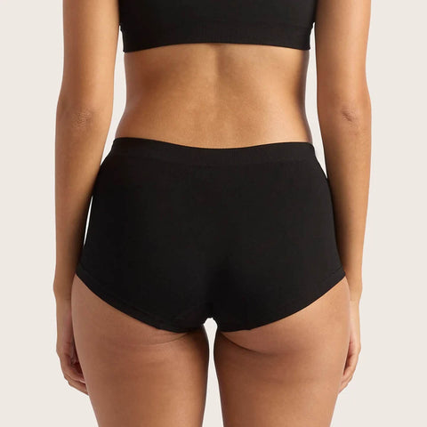Rear view of a model wearing black high-waisted briefs and a black sports bra against a light beige background.