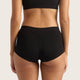 Rear view of a model wearing black high-waisted briefs and a black sports bra against a light beige background.
