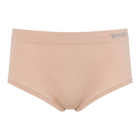 A pair of women's high-waisted briefs in a light peach-beige color, featuring a ribbed waistband with the brand name 'BOODY' printed in grey on the right side, set against a plain white background.