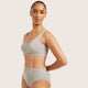 A woman modeling a light marl gray two-piece underwear set consisting of a scoop-neck bralette and high-waisted briefs, with the brand name 'BOODY' printed on the waistband of the briefs.