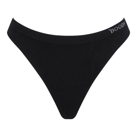 Boody G-String Black, a flat black g-string with a logo waistband, front view on a plain white background, clear product photo