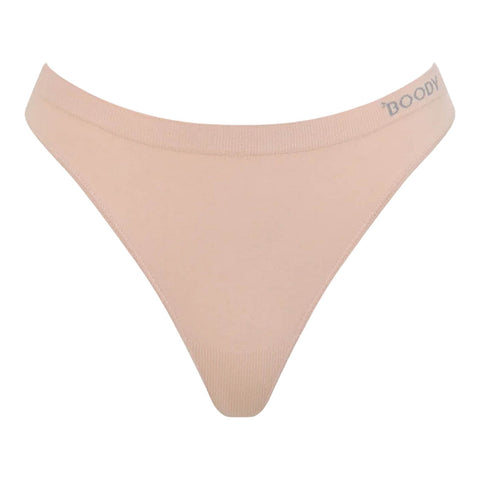 Boody G-String Shell, a flat nude g-string with a logo waistband, front view on a plain white background, clear product photo