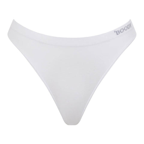 Boody G-String White, a flat white g-string with a logo waistband, front view on a plain white background, clear product photo