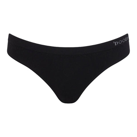 Boody Hipster Bikini Black flat product shot of the black bikini briefs with a logo waistband, front view on a plain white background