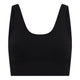 A black ribbed knit scoop-neck tank top with wide shoulder straps, shown against a plain white background.