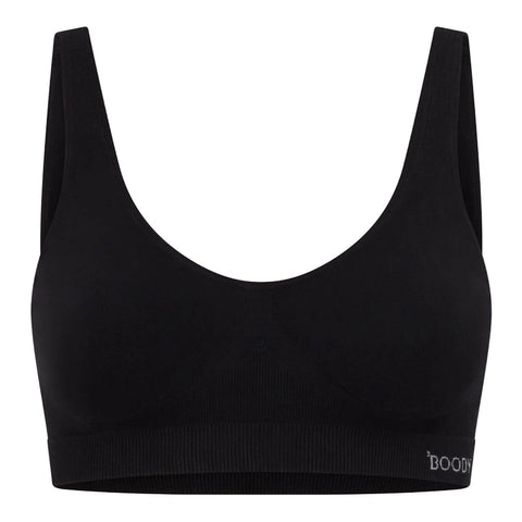 Boody Seamfree Crop Bra Black, a flat black crop bra with wide straps and a logo band, front view on a plain white background