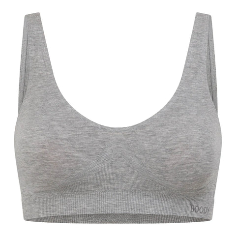 Boody Seamfree Crop Bra Light Grey Marl, a flat grey marl crop bra with wide straps, front view on a plain white background, clear product photo