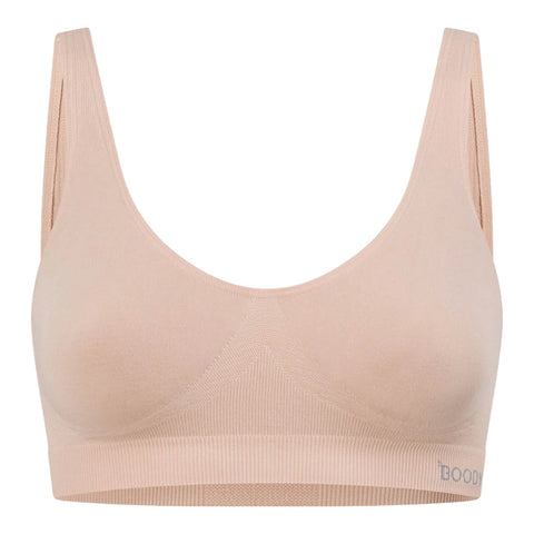 Boody Seamfree Crop Bra Shell, a flat pale pink crop bra with wide straps, front view on a plain white background, clear product photo