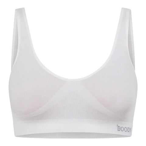 Boody Seamfree Crop Bra White, a flat white crop bra with wide straps and a logo band, front view on a plain white background