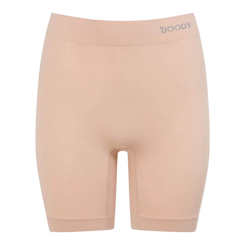 Boody Seamfree Undershorts 6 inch Shell, flat product shot of pale pink nude shorts with a logo waistband, front view on a plain white background