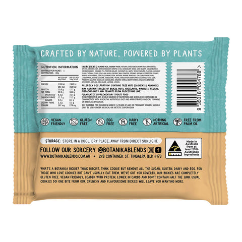 Botanika Blends Botanika Bickies Choc Chip Flavour 60g wrapper turned to show the back with a nutrition table and small print on white