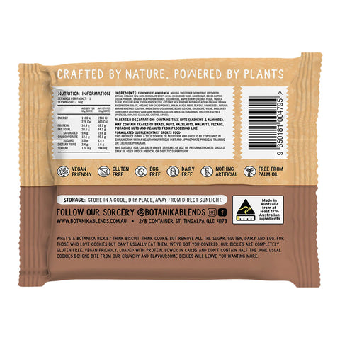 Botanika Blends Botanika Bickies Choc Choc Boom Flavour 60g wrapper turned to show the back with a nutrition table and small print on white
