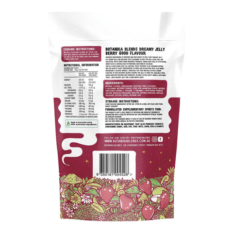 Botanika Blends Dreamy Jelly Berry Good 70g pouch turned to show the back with a nutrition table and small print on a plain white background
