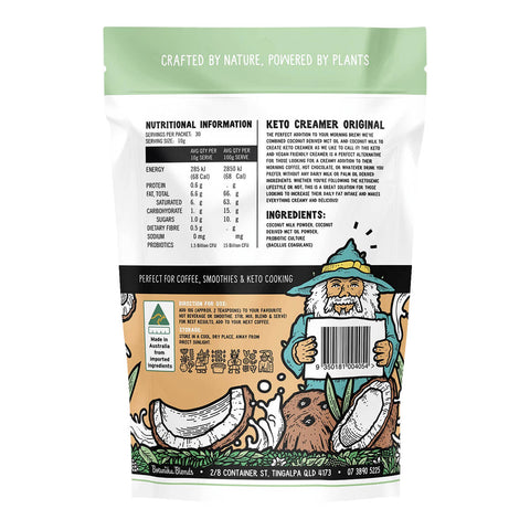 Botanika Blends Keto Creamer 300g pouch turned to show the back with a nutrition table and an illustrated character, clear product photo