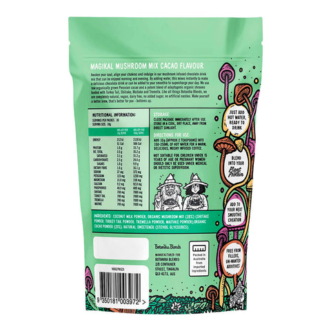 Botanika Blends Magikal Mushroom Mix Cacao 300g pouch turned to show the back with a nutrition table and small print on a plain white background