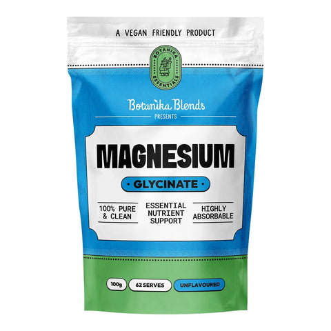 Package of Botanika Blends Magnesium Glycinate on a white background. 100% pure & clean. Unflavoured.