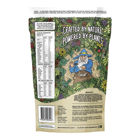 Botanika Blends Plant Protein Cacao Hazelnut 1kg pouch turned to show the back with a nutrition table and an illustrated character on white