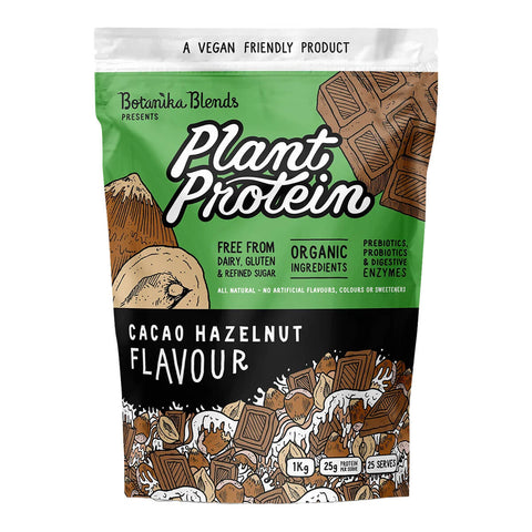 Botanika Blends Plant Protein Cacao Hazelnut 1kg in a green and brown pouch with illustrated hazelnuts, front of the pouch on a plain white background