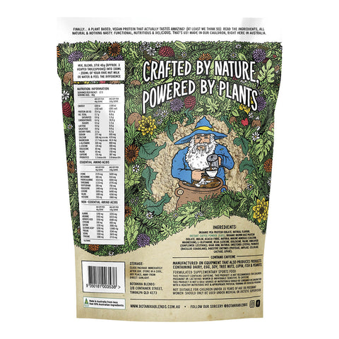 Botanika Blends Plant Protein Double Shot Iced Coffee 500g pouch turned to show the back with a nutrition table and an illustrated character on white