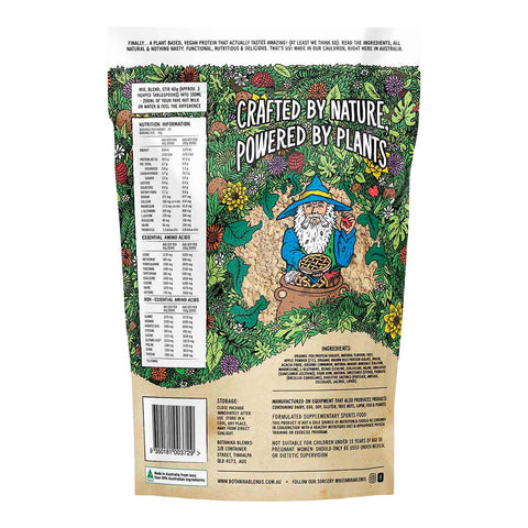 Botanika Blends Plant Protein Oh My Apple Pie 1kg pouch turned to show the back with a nutrition table and an illustrated character on white