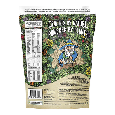 Botanika Blends Plant Protein Vanilla Cake Batter 500g pouch turned to show the back with a nutrition table and an illustrated character on white
