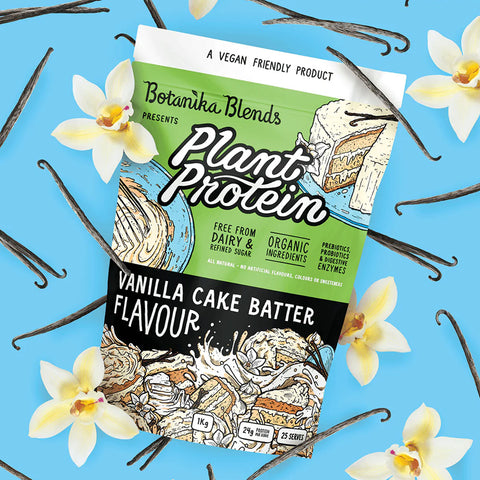 plant protein vanilla cake batter flavour on blue