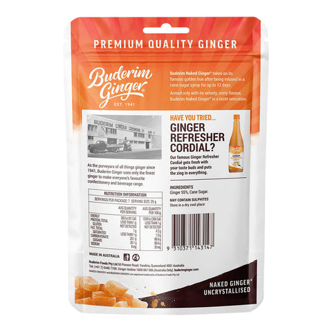 Back of 175g packet of Buderim Ginger Naked Ginger, an uncrystallised ginger snack with spicy, zesty flavour. Showing description, ingredients, and nutrition information.