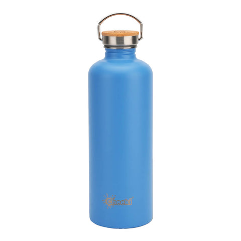 Cheeki 1.6L Thirsty Max Bottle in azure blue with a bamboo topped cap and a carry loop, front view on a plain white background