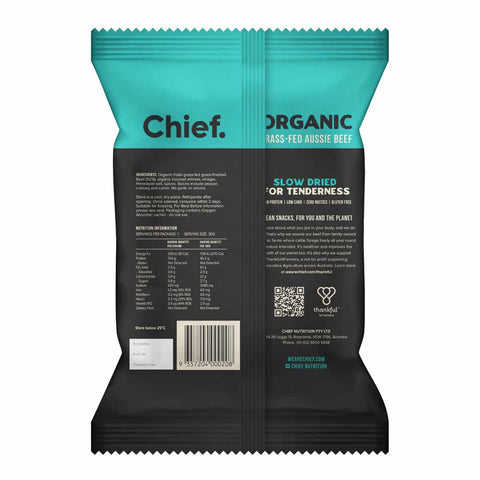 Back of Chief Biltong package with nutritional information and ingredients.