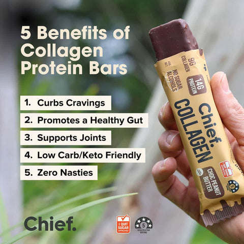 Hand holding a Chief Collagen protein bar with benefits listed on a natural background.