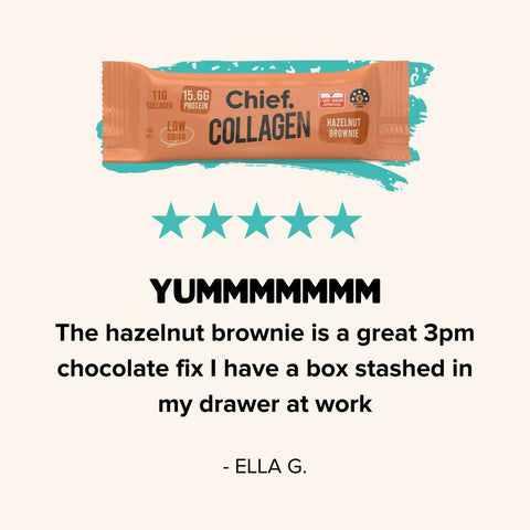 Chief Collagen hazelnut brownie bar with a five-star rating and customer review on a white background