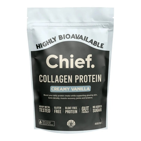 A stand-up pouch of Chief Collagen Protein in Creamy Vanilla flavour, featuring a black and white design with key product benefits printed on the front.