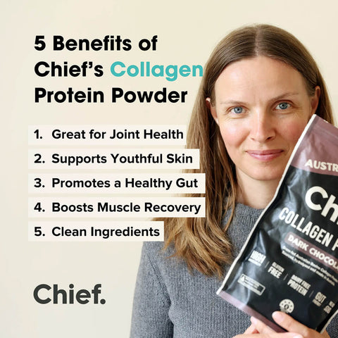 Woman holding Chief's Collagen Protein Powder with listed benefits on a beige background.