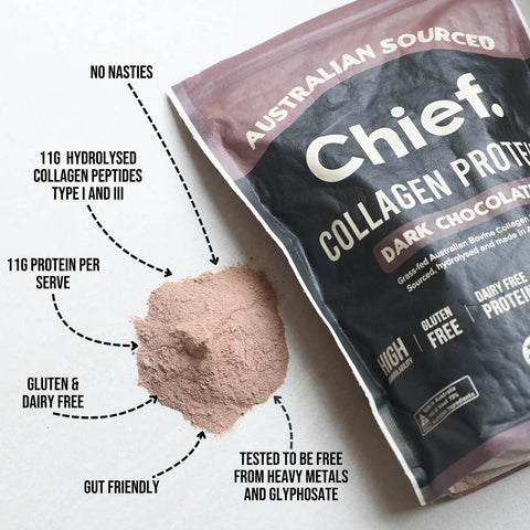 Chief Collagen Protein package with dark chocolate flavour on a white background.