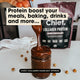 Chocolate collagen hazelnut spread being poured into a jar with a package of Chief Collagen Protein in the background.