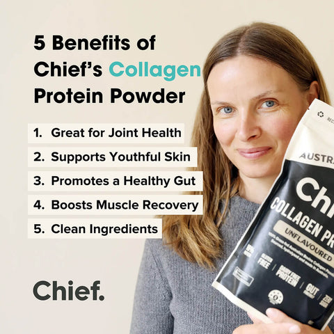 Woman holding Chief collagen protein powder with benefits listed on a beige background.