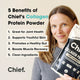 Woman holding Chief collagen protein powder with benefits listed on a beige background.