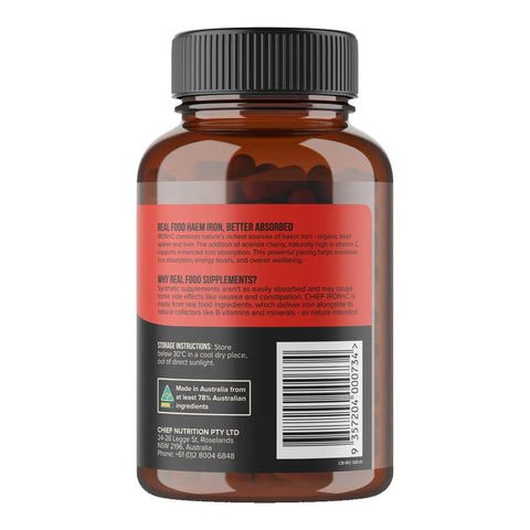 Chief Iron + C 120 capsules amber bottle turned to show the back label with small print and a barcode on a plain white background