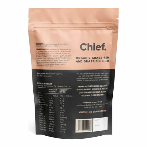Back view of a Chief brand organic grass-fed and grass-finished Beef Liver Powder packaging with nutritional information.
