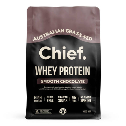 Chief Whey Protein package in smooth chocolate flavour on a white background