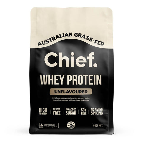 Chief Whey Protein - Unflavoured 900g package on a white background.