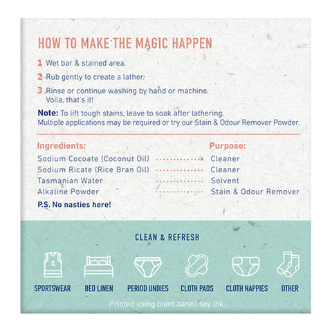 Downunder Wash Co. Bloody Awesome Laundry Bar Fragrance Free 150g box turned to show the back with How To Make The Magic Happen steps