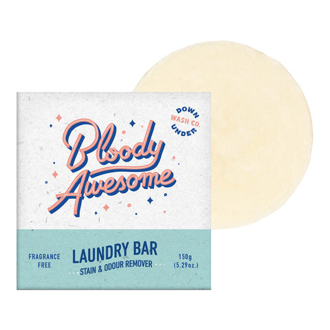 Downunder Wash Co. Bloody Awesome Laundry Bar Fragrance Free 150g box beside a round cream coloured bar of soap on a plain white background