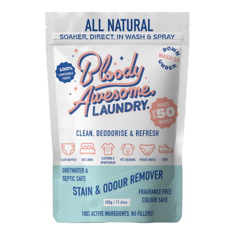 500g package of Bloody Awesome Laundry detergent with branding and product details on a white background.