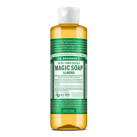 Dr. Bronner's Magic Soap Almond 237ml bottle with green label & white text on a white background.