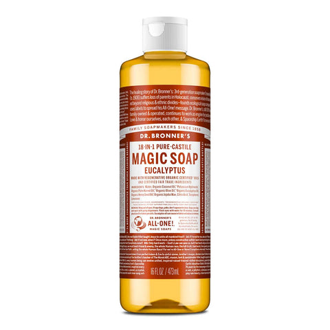 Dr. Bronner's 18-in-1 Pure-Castile Magic Soap - Eucalyptus 473ml bottle on a white background.
