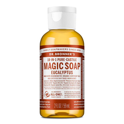 Dr. Bronner's 18-in-1 Pure-Castile Magic Soap - Eucalyptus 59ml bottle on a white background.